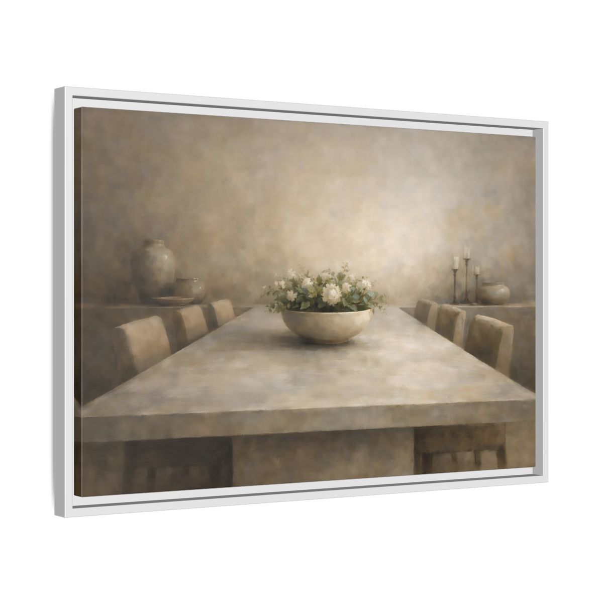 Side Mockup 10. Floral White Flowers Muted Tones shown as stretched canvas wall art