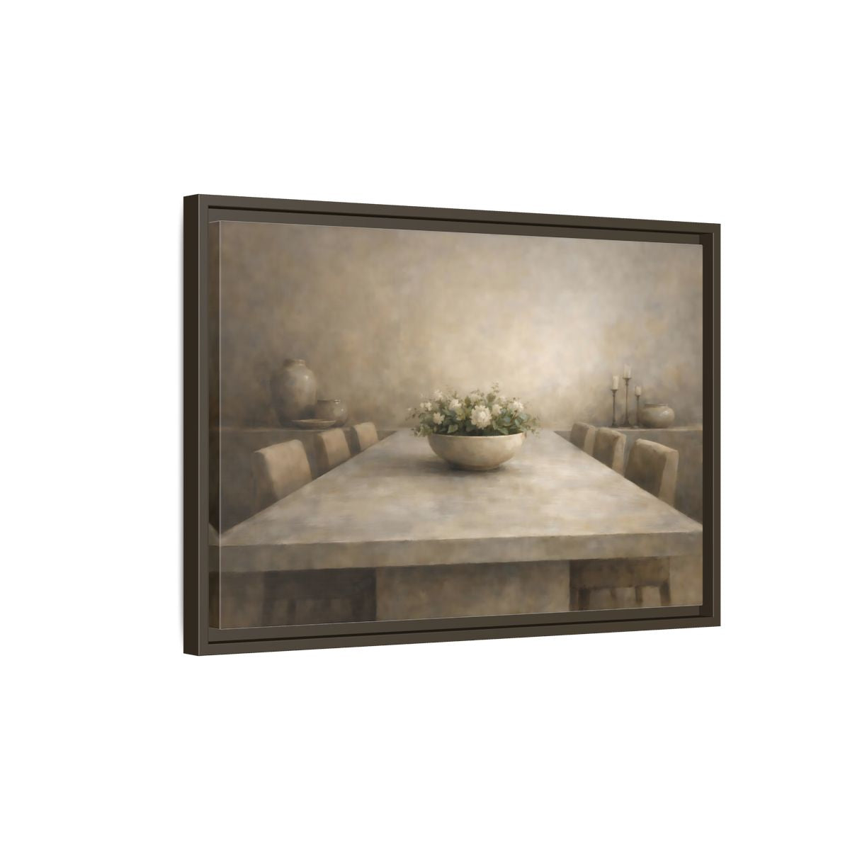 Side Mockup 2. Floral White Flowers Muted Tones shown as stretched canvas wall art