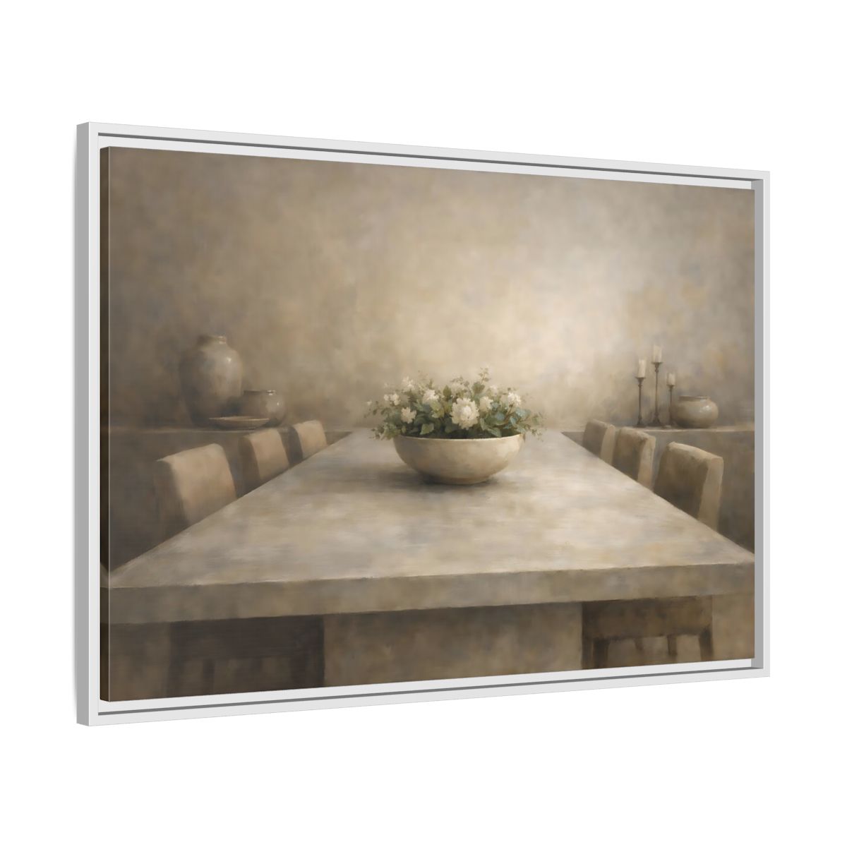 Side Mockup 8. Floral White Flowers Muted Tones shown as stretched canvas wall art