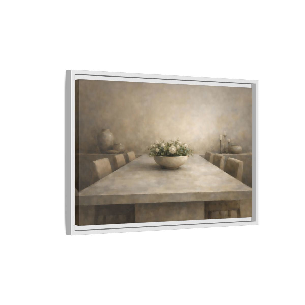Side Mockup 1. Floral White Flowers Muted Tones shown as stretched canvas wall art