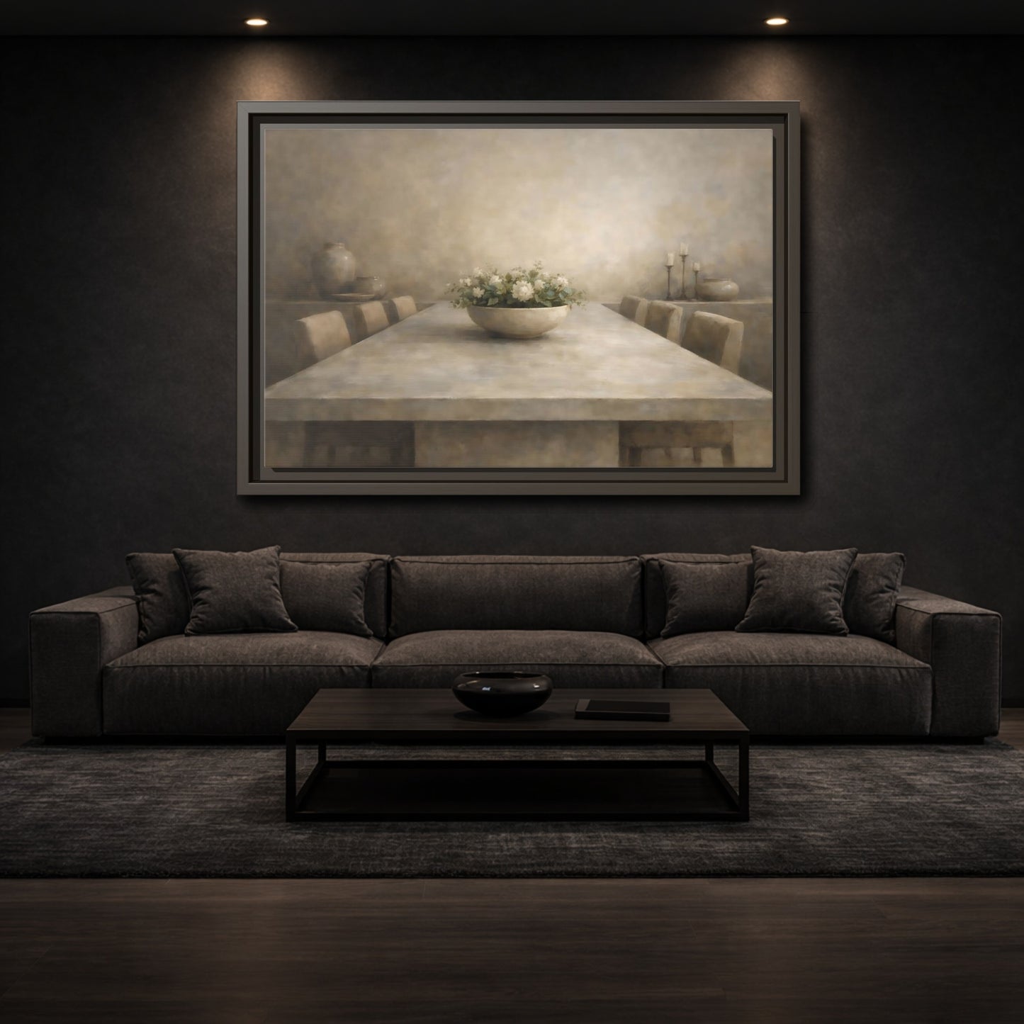Mockup 2. Floral White Flowers Muted Tones shown as stretched canvas wall art