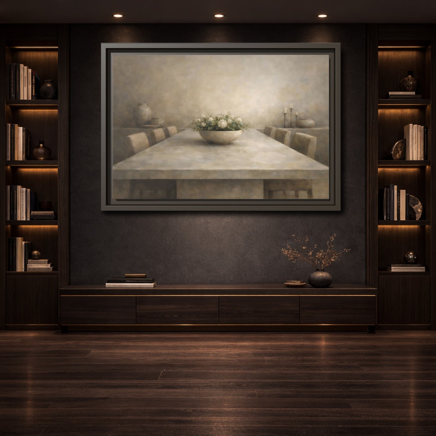 Mockup 3. Floral White Flowers Muted Tones shown as stretched canvas wall art