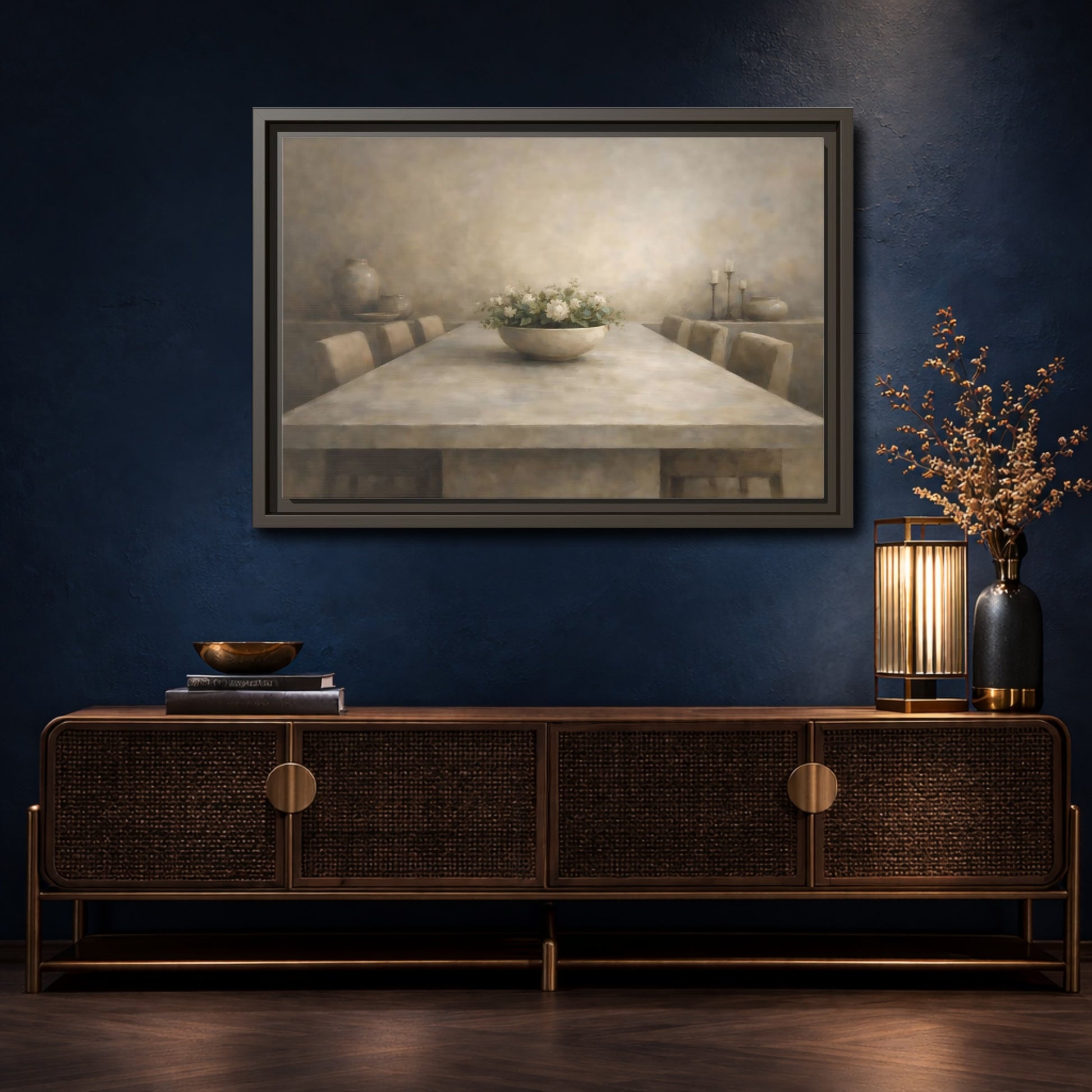 Mockup 4. Floral White Flowers Muted Tones shown as stretched canvas wall art