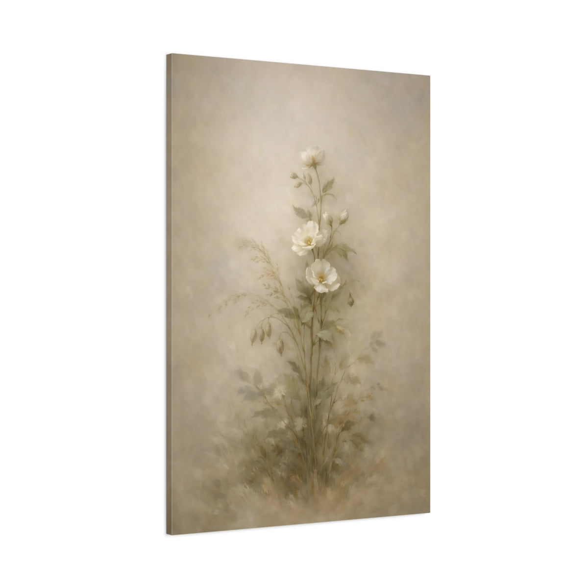 Main Mockup. Floral White Flowers Soft Botanical shown as stretched canvas wall art