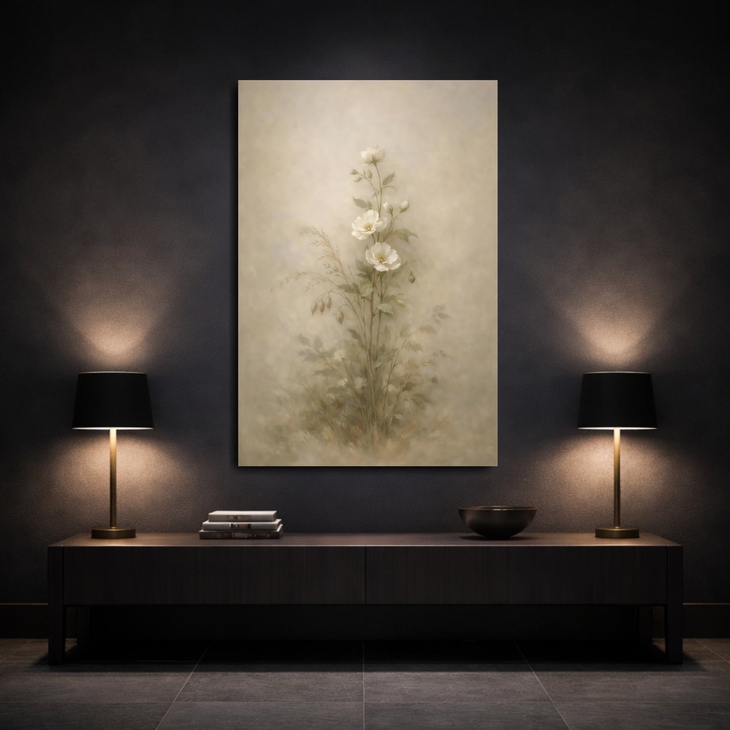 Mockup 2. Floral White Flowers Soft Botanical shown as stretched canvas wall art