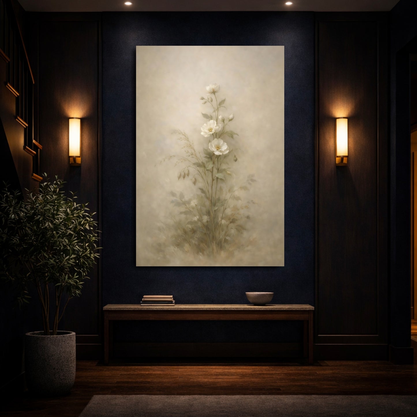 Mockup 3. Floral White Flowers Soft Botanical shown as stretched canvas wall art