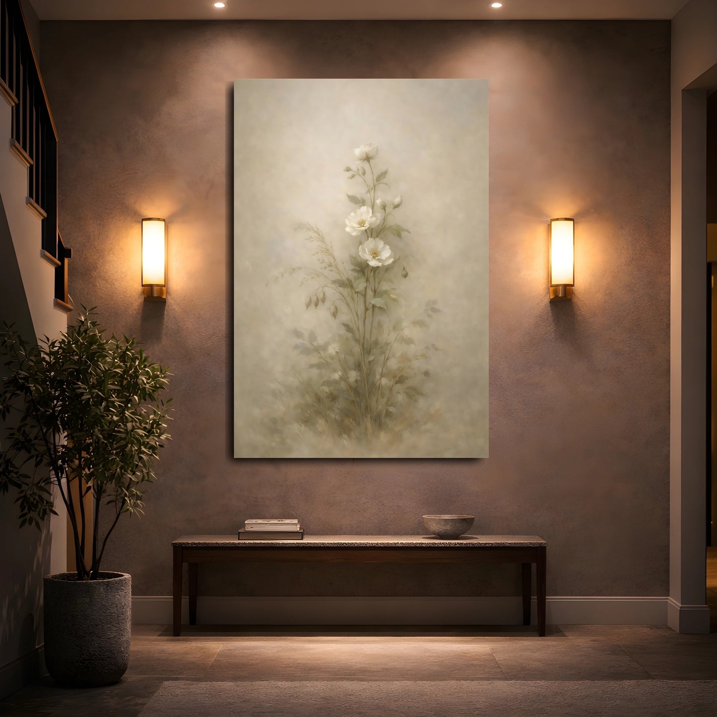 Mockup 4. Floral White Flowers Soft Botanical shown as stretched canvas wall art