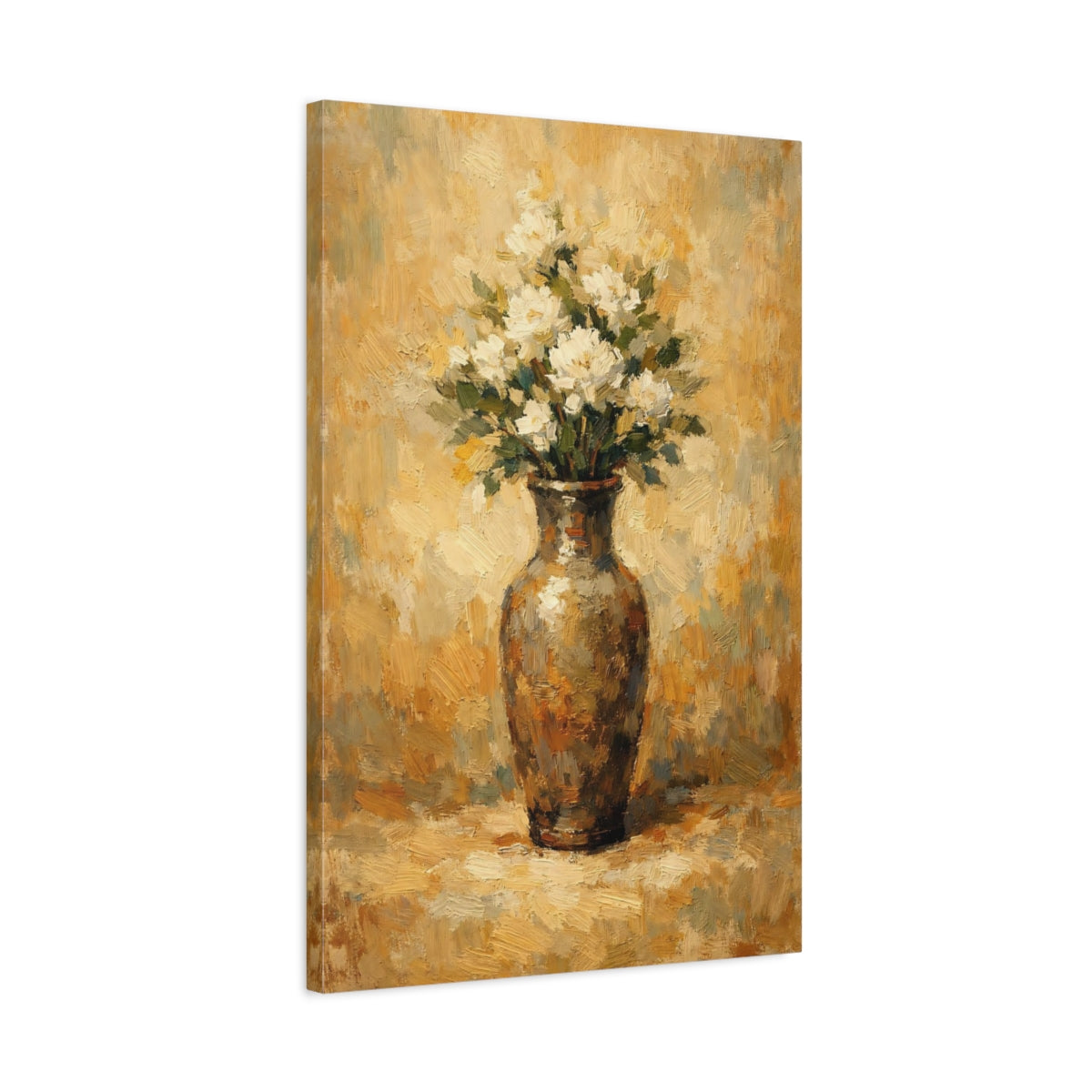 Side Mockup 2. Floral White Flowers White Floral Still Life shown as stretched canvas wall art