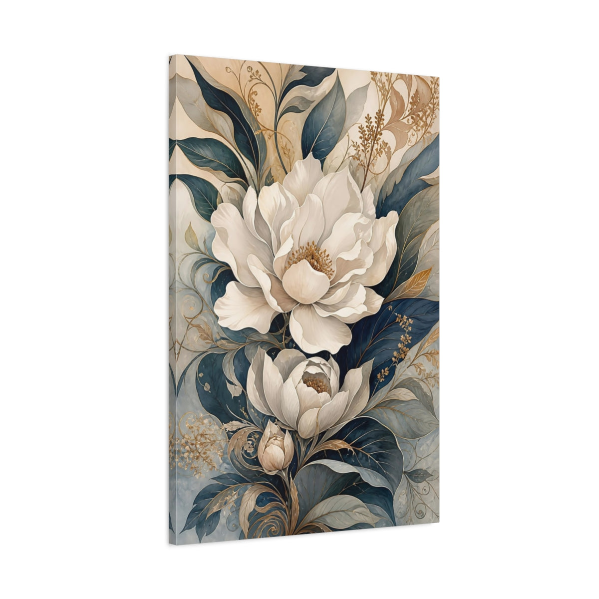 Main Mockup. Floral White Flowers White And Blue Floral shown as stretched canvas wall art