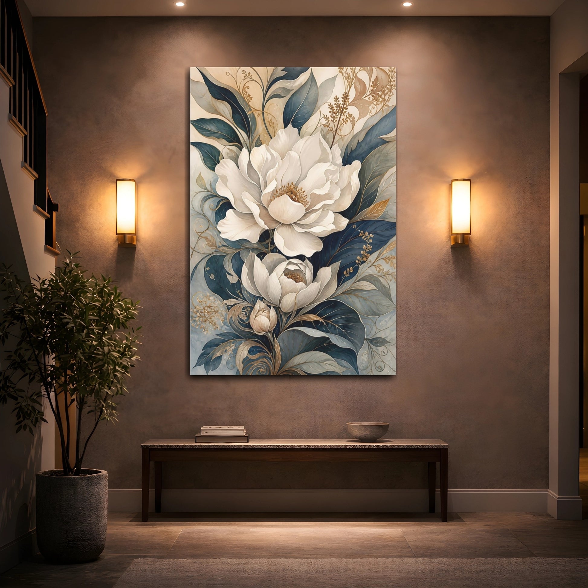 Mockup 2. Floral White Flowers White And Blue Floral shown as stretched canvas wall art