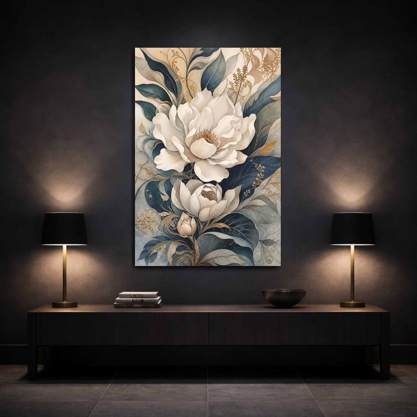 Mockup 3. Floral White Flowers White And Blue Floral shown as stretched canvas wall art