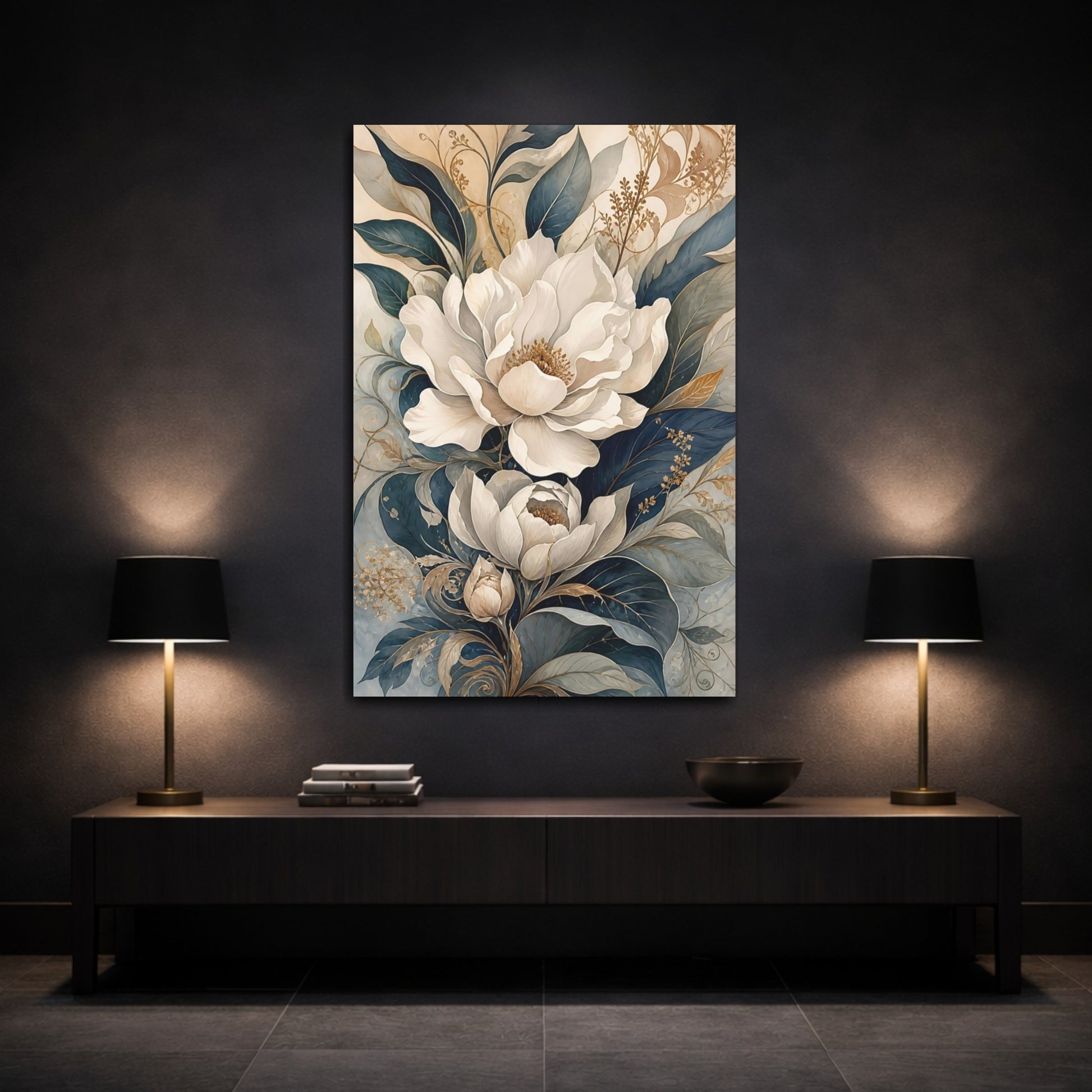 Mockup 3. Floral White Flowers White And Blue Floral shown as stretched canvas wall art