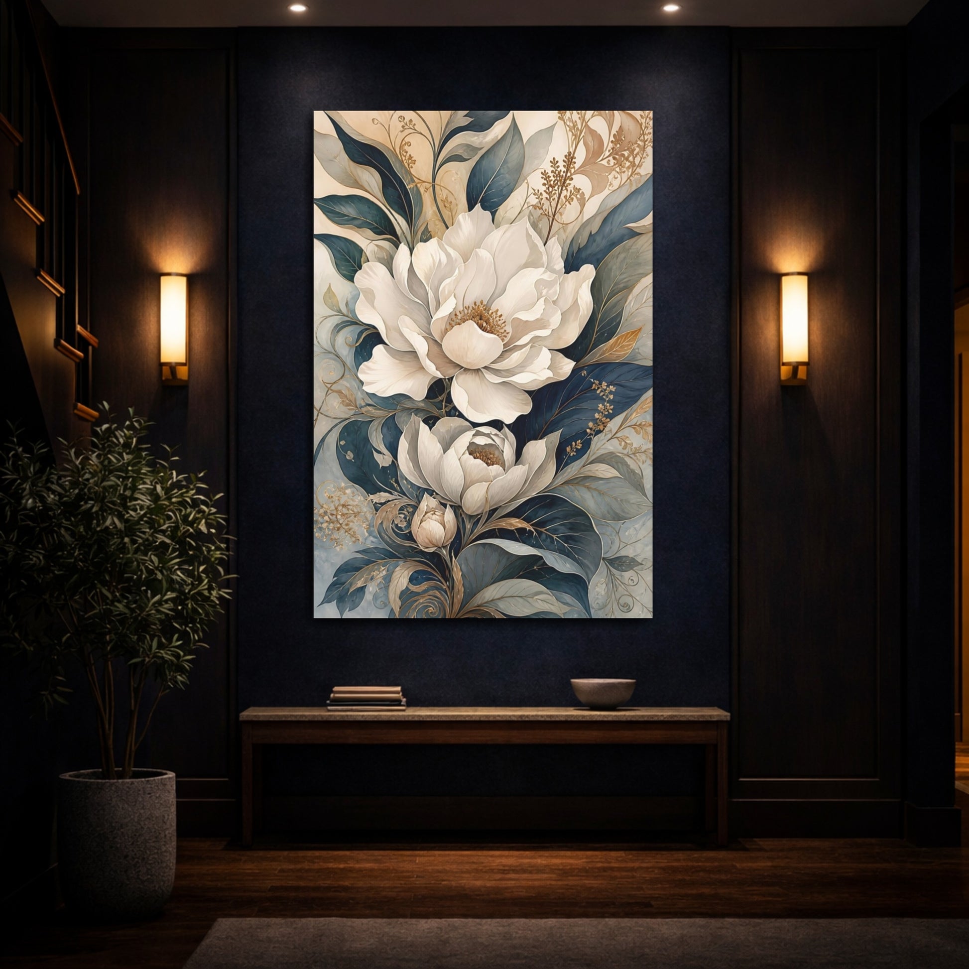 Mockup 4. Floral White Flowers White And Blue Floral shown as stretched canvas wall art