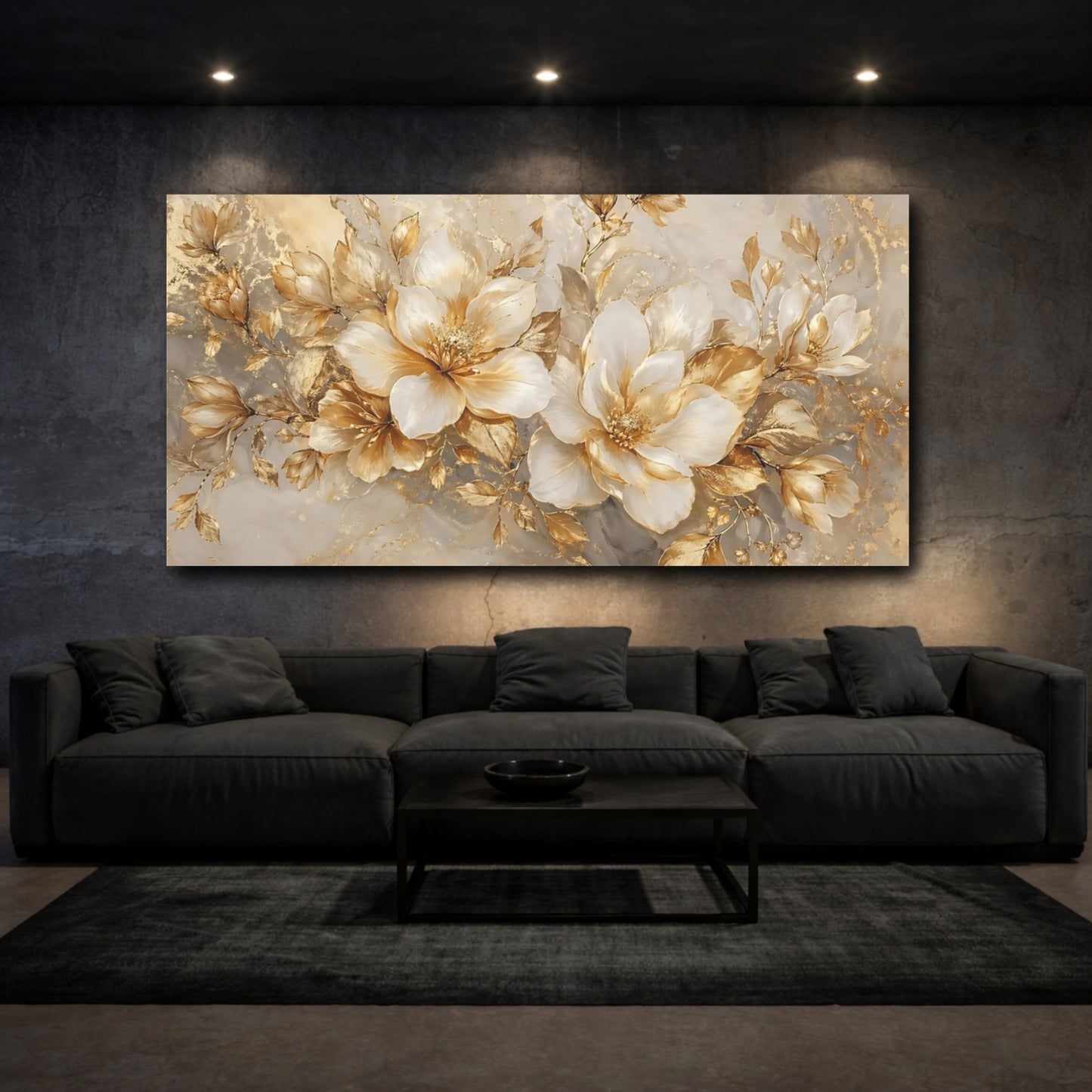 Mockup 2. Floral White Flowers White And Gold shown as stretched canvas wall art