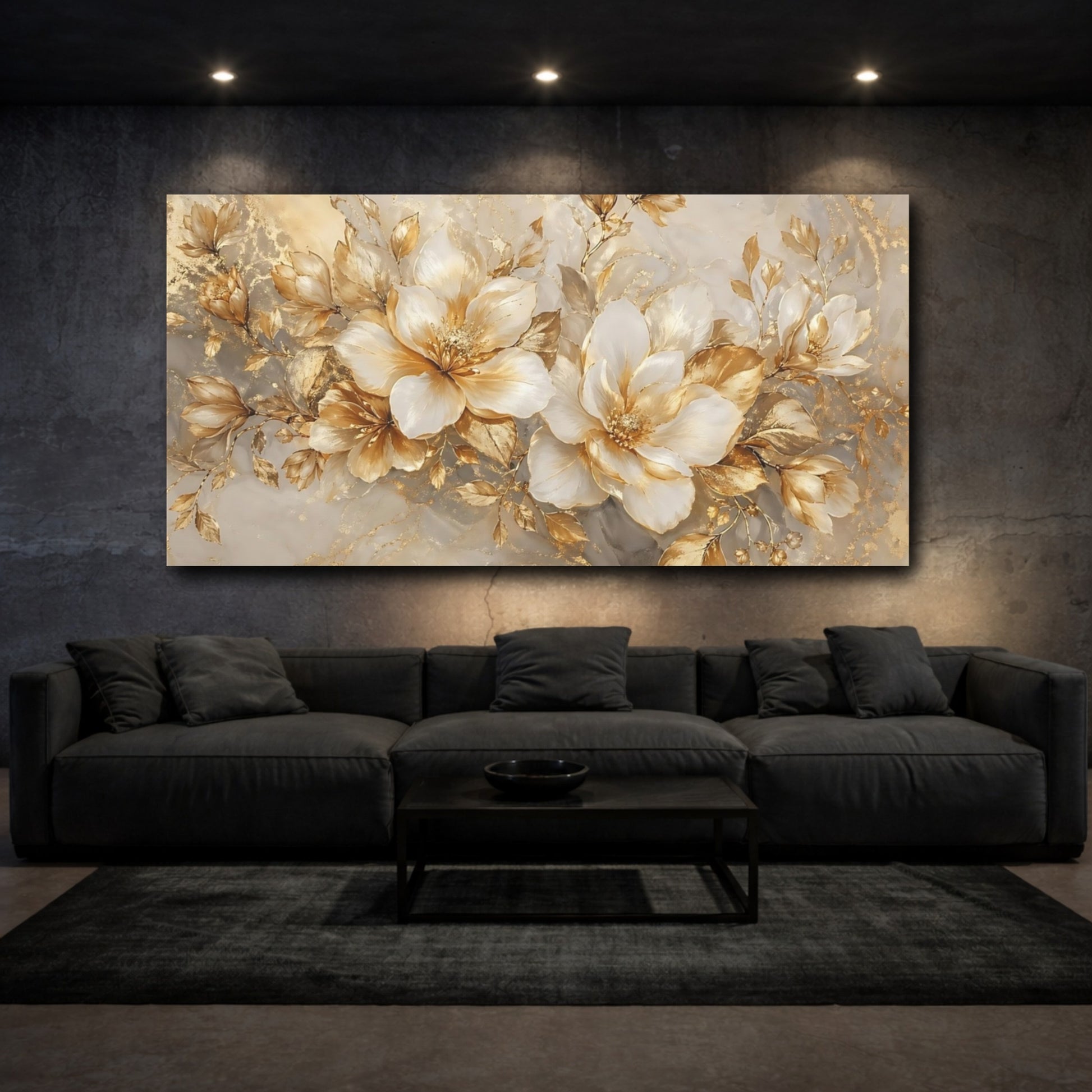 Mockup 2. Floral White Flowers White And Gold shown as stretched canvas wall art