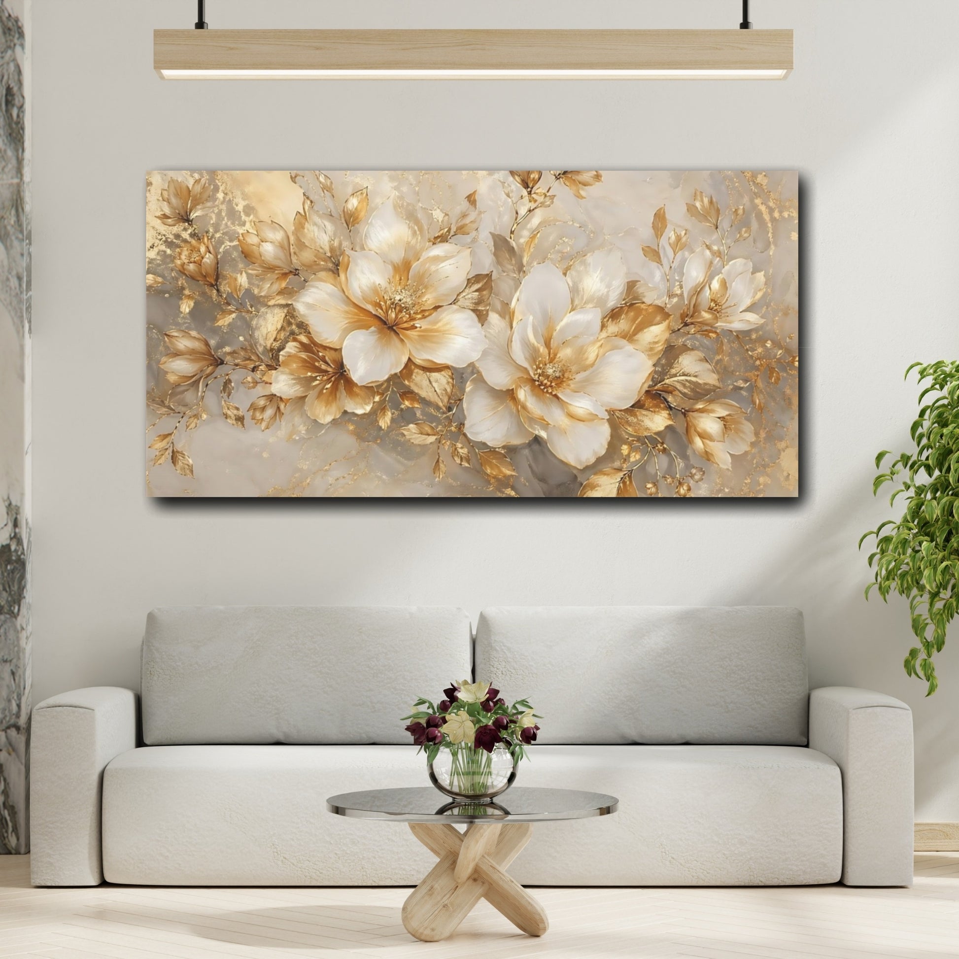 Mockup 3. Floral White Flowers White And Gold shown as stretched canvas wall art