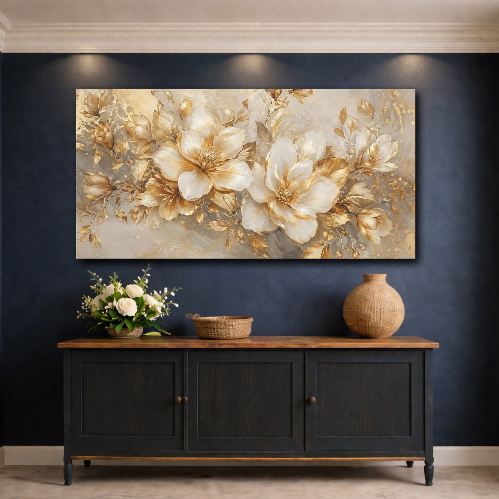 Mockup 4. Floral White Flowers White And Gold shown as stretched canvas wall art