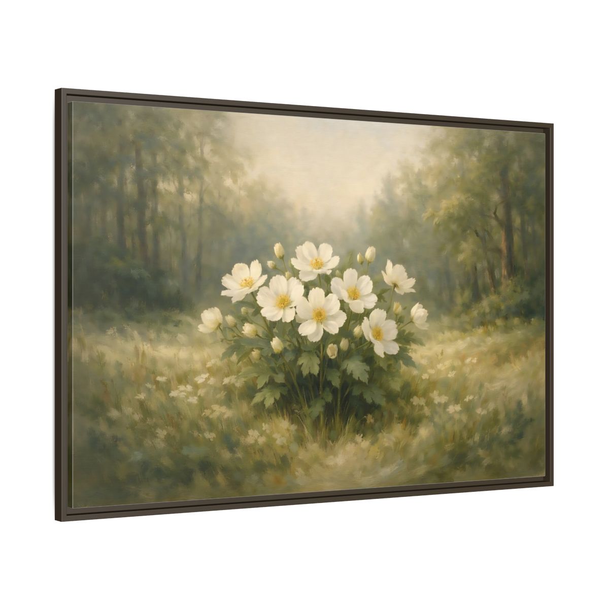 Main Mockup. Floral White Flowers White And Green shown as stretched canvas wall art