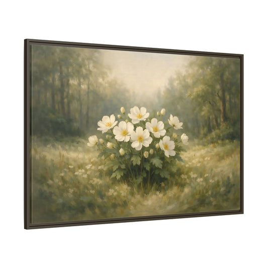 Main Mockup. Floral White Flowers White And Green shown as stretched canvas wall art