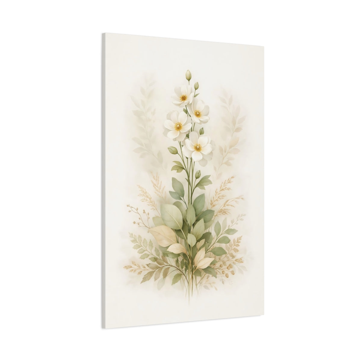 Main Mockup. Floral White Flowers White And Green Flowers shown as stretched canvas wall art