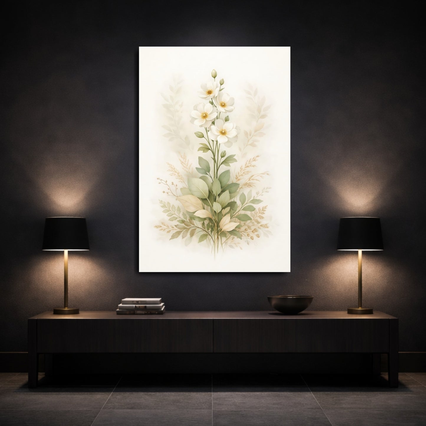 Mockup 2. Floral White Flowers White And Green Flowers shown as stretched canvas wall art