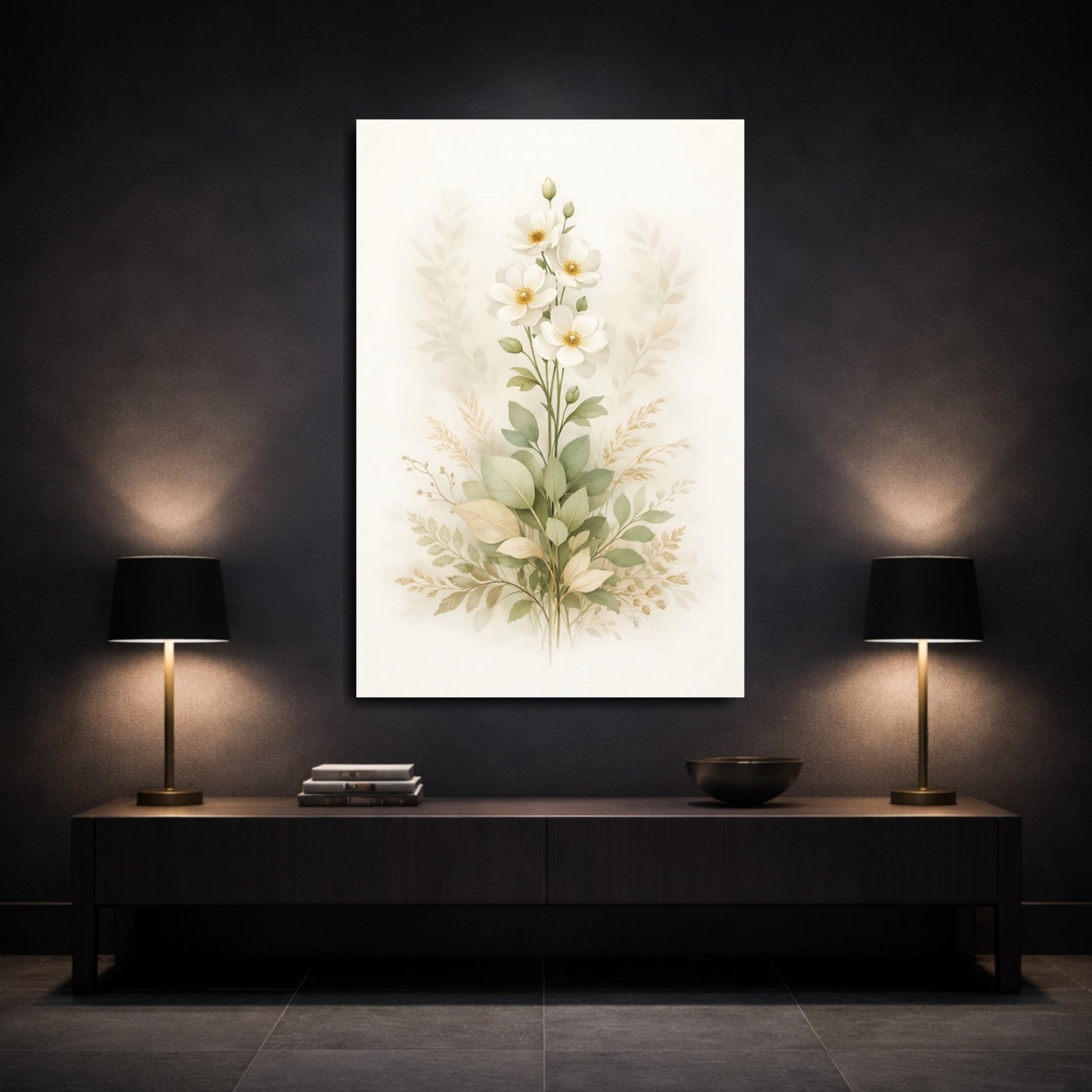 Mockup 2. Floral White Flowers White And Green Flowers shown as stretched canvas wall art