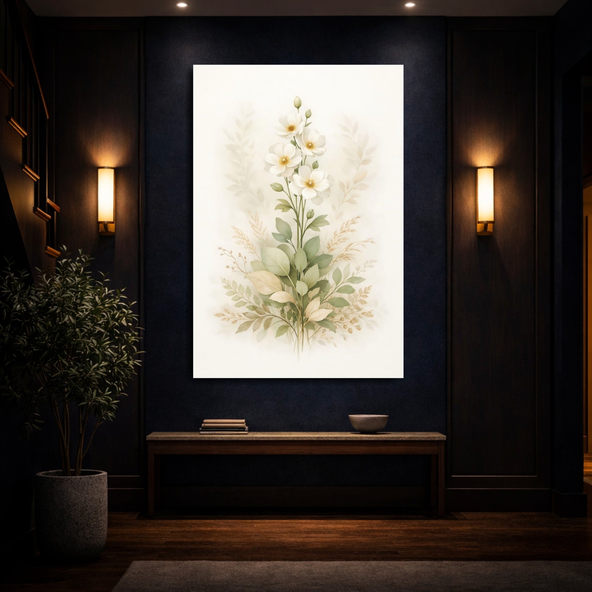 Mockup 3. Floral White Flowers White And Green Flowers shown as stretched canvas wall art