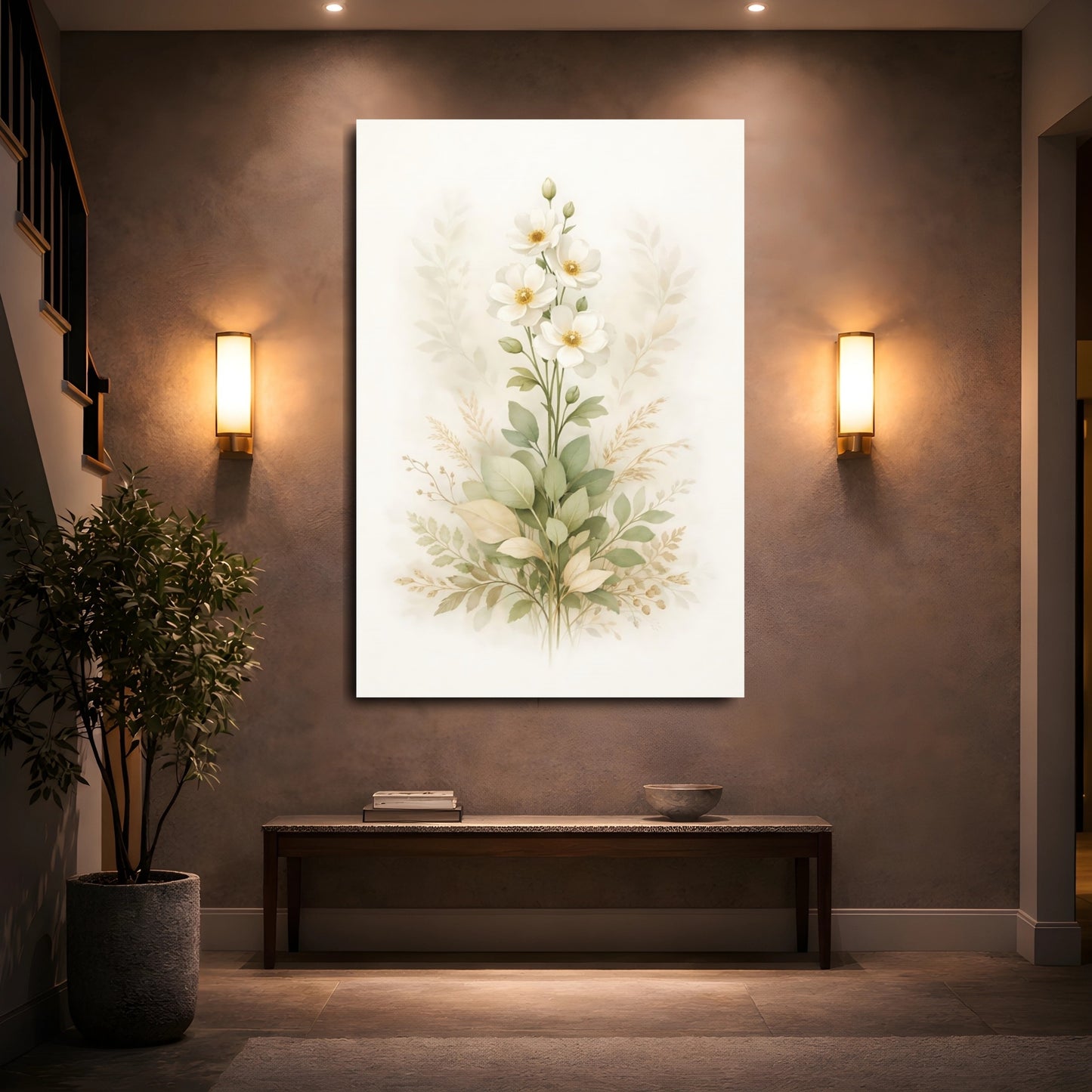 Mockup 4. Floral White Flowers White And Green Flowers shown as stretched canvas wall art