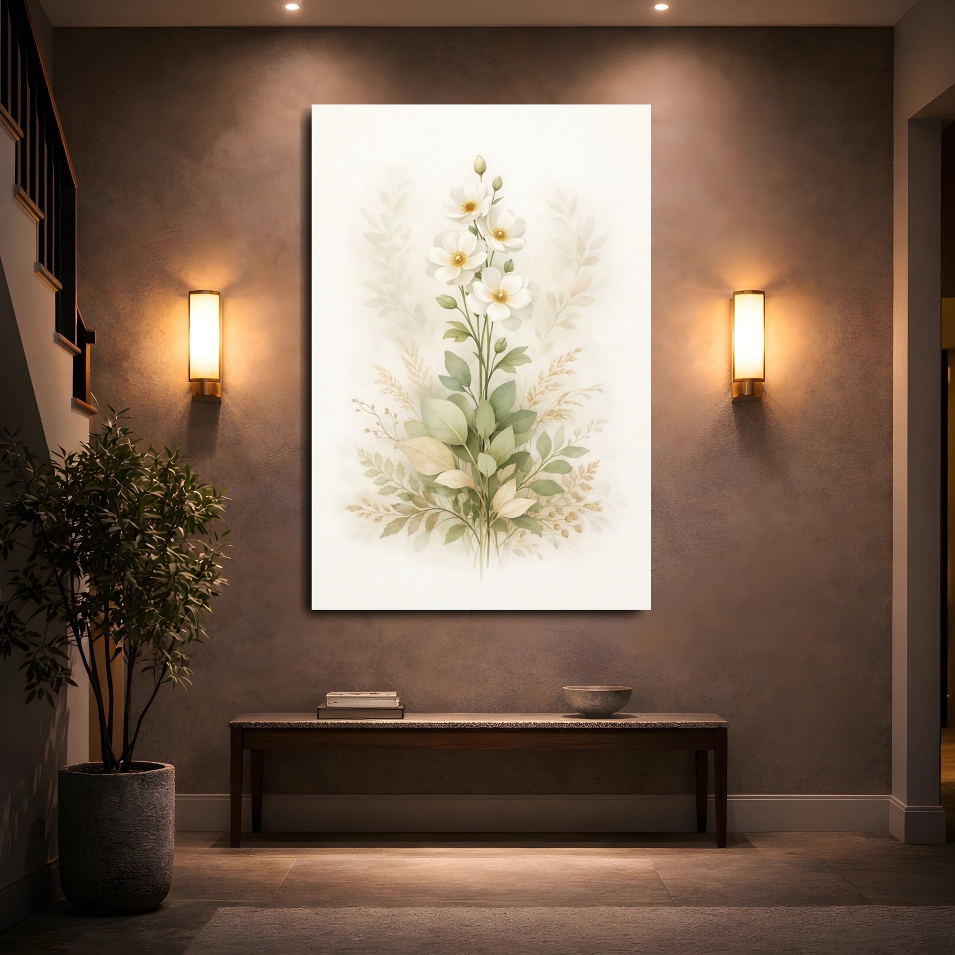 Mockup 4. Floral White Flowers White And Green Flowers shown as stretched canvas wall art