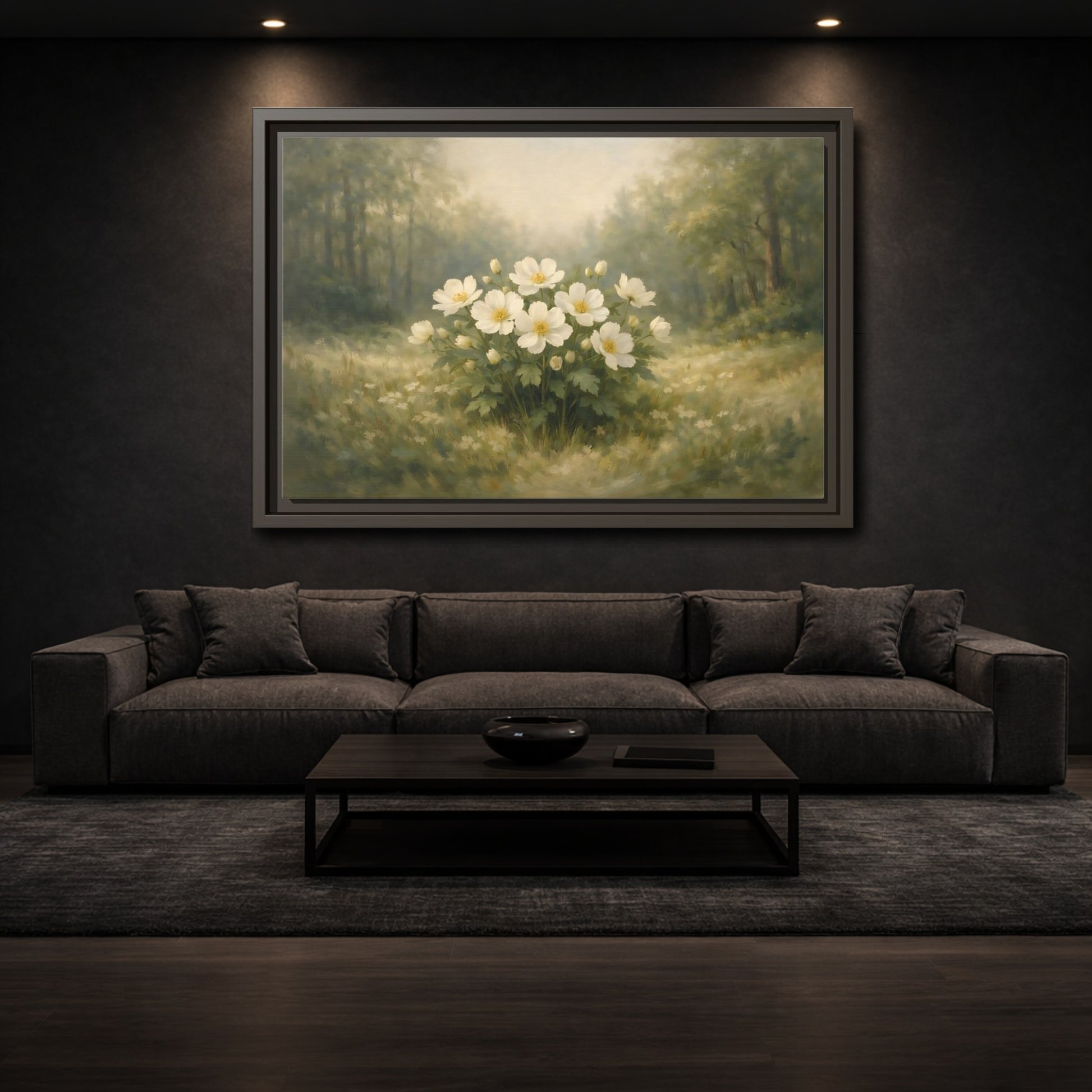 Mockup 2. Floral White Flowers White And Green shown as stretched canvas wall art