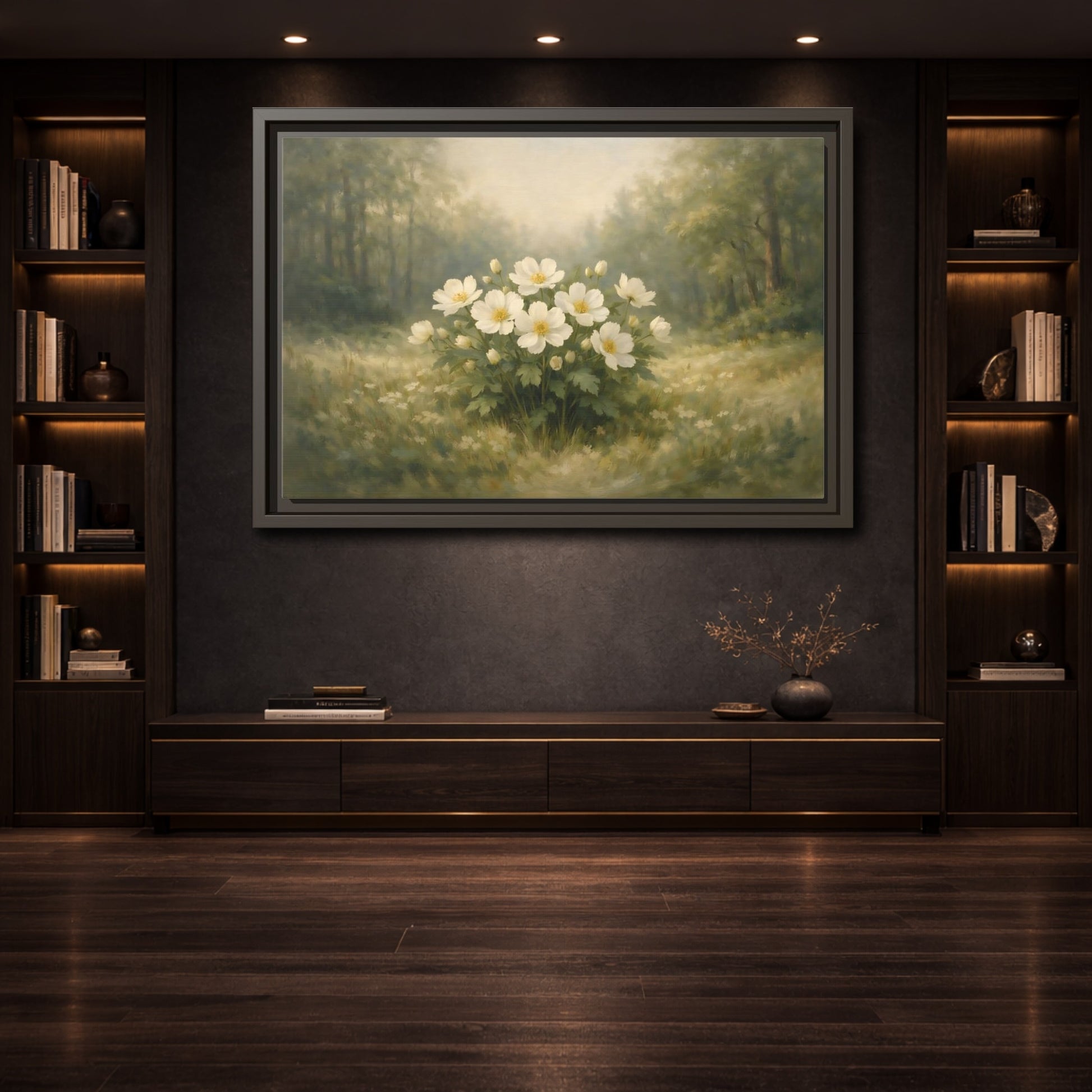 Mockup 3. Floral White Flowers White And Green shown as stretched canvas wall art