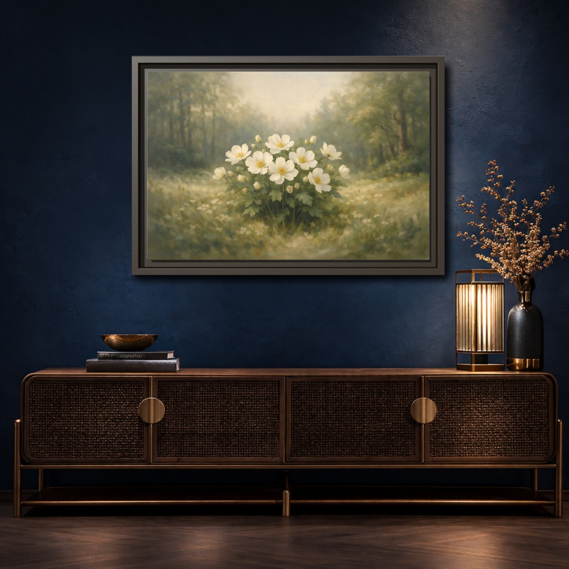 Mockup 4. Floral White Flowers White And Green shown as stretched canvas wall art