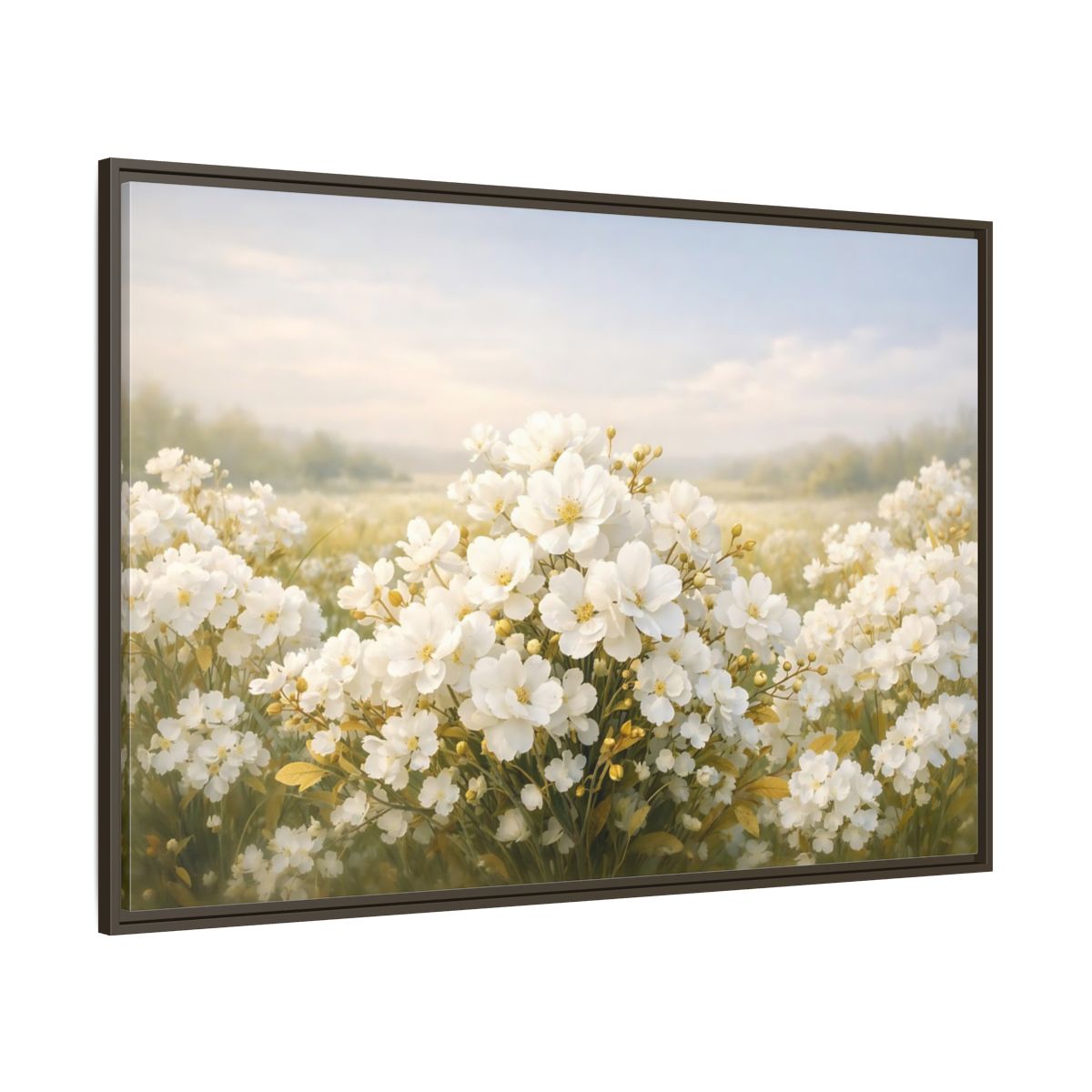 Main Mockup. Floral White Flowers White Floral shown as stretched canvas wall art