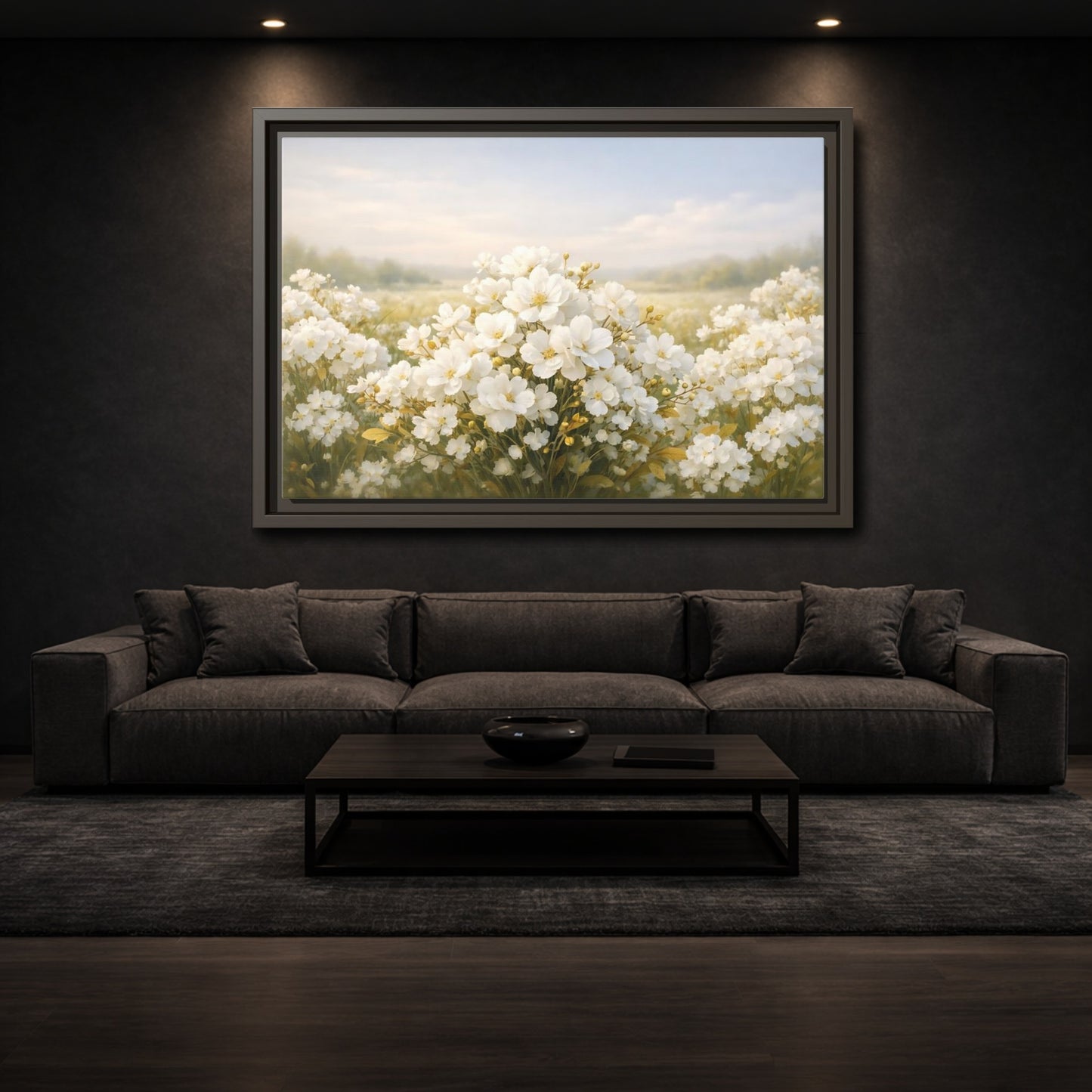 Mockup 2. Floral White Flowers White Floral shown as stretched canvas wall art