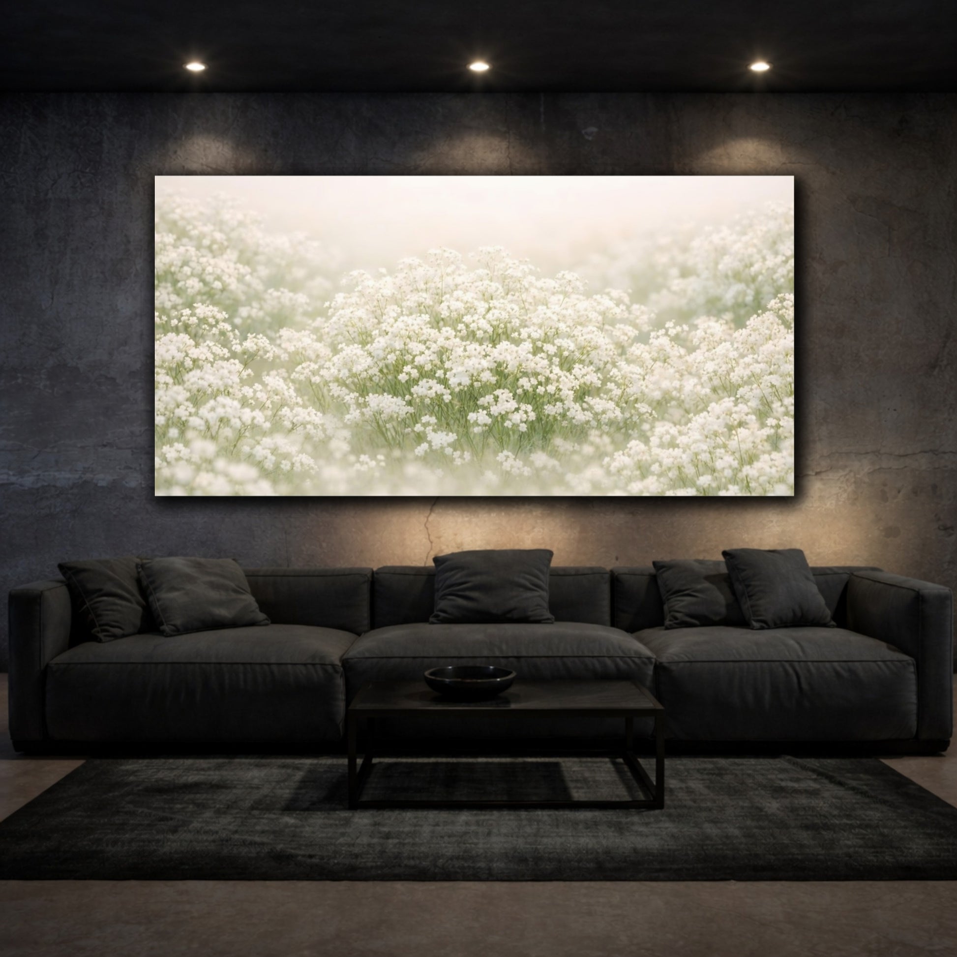 Mockup 2. Floral White Flowers White Floral shown as stretched canvas wall art