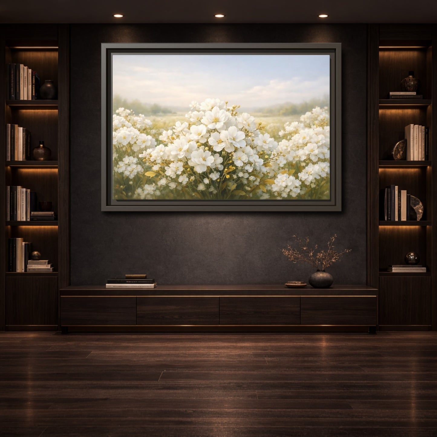 Mockup 3. Floral White Flowers White Floral shown as stretched canvas wall art