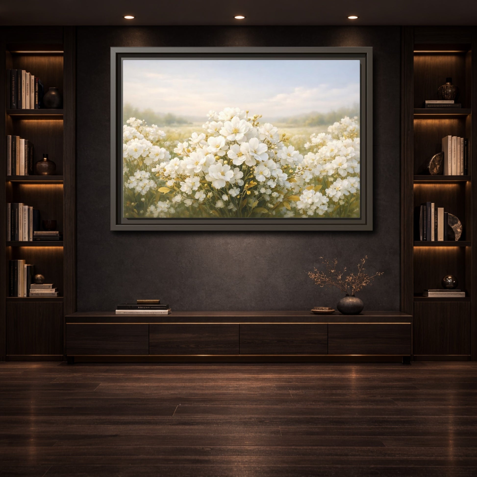 Mockup 3. Floral White Flowers White Floral shown as stretched canvas wall art