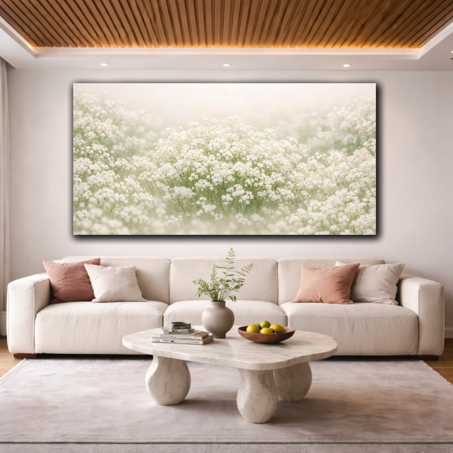 Mockup 3. Floral White Flowers White Floral shown as stretched canvas wall art