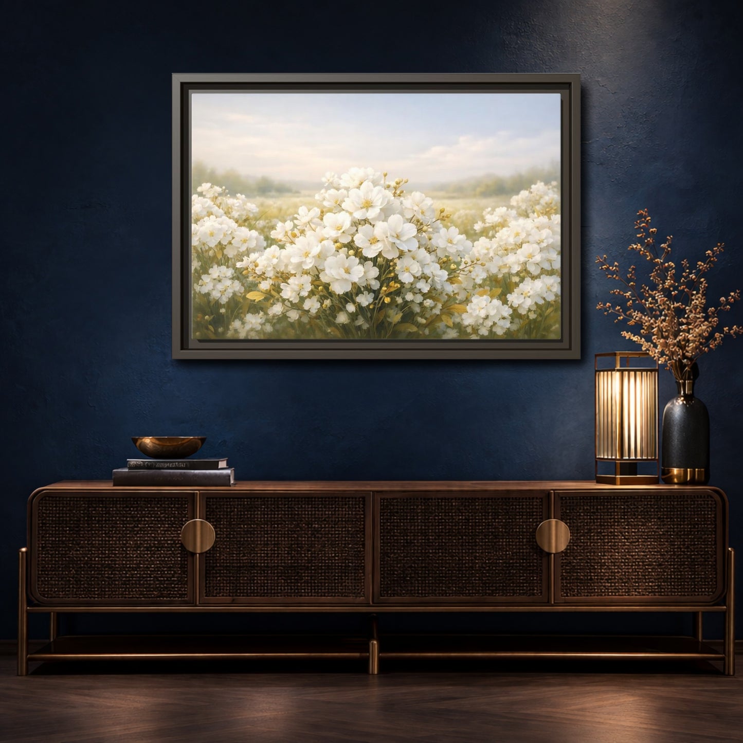 Mockup 4. Floral White Flowers White Floral shown as stretched canvas wall art