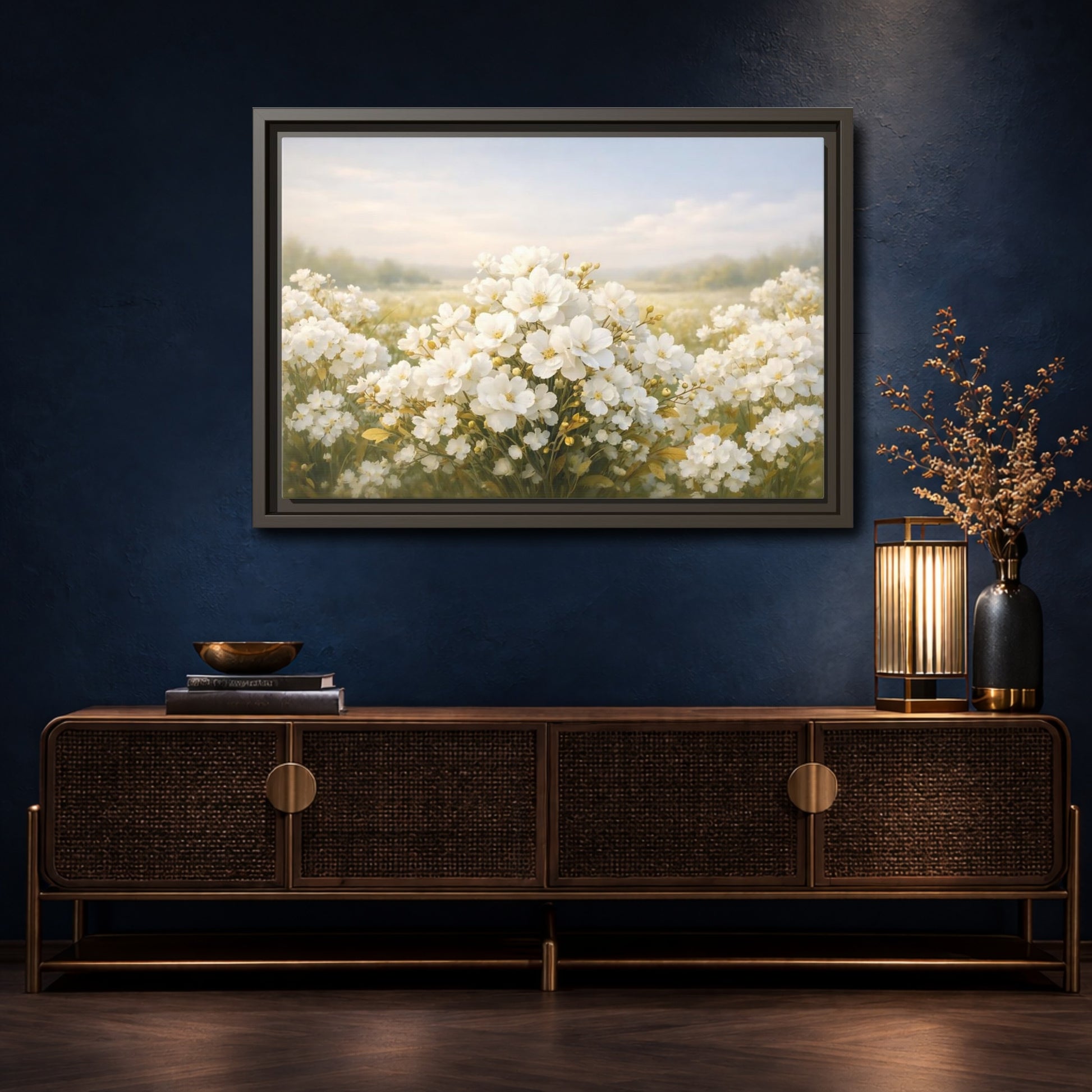 Mockup 4. Floral White Flowers White Floral shown as stretched canvas wall art