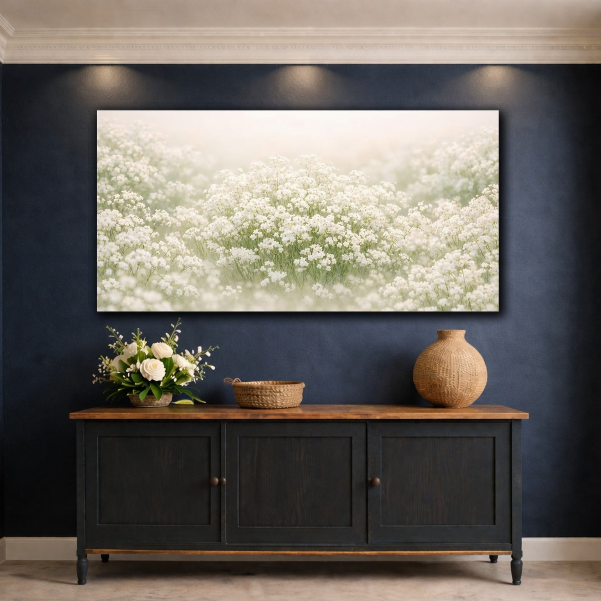 Mockup 4. Floral White Flowers White Floral shown as stretched canvas wall art