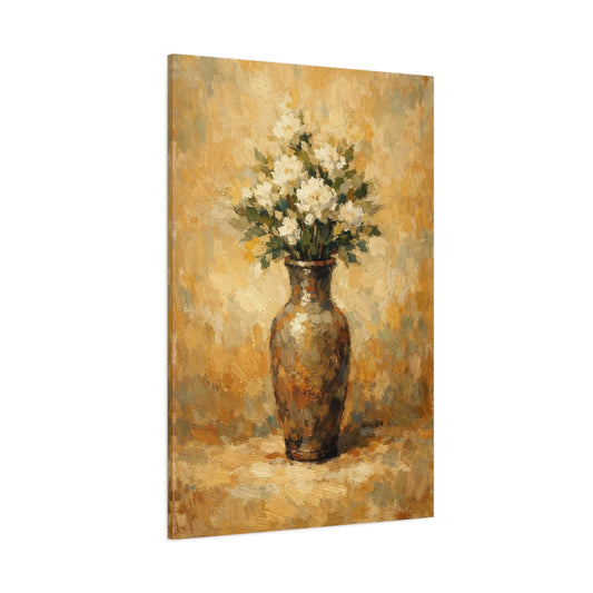 Main Mockup. Floral White Flowers White Floral Still Life shown as stretched canvas wall art
