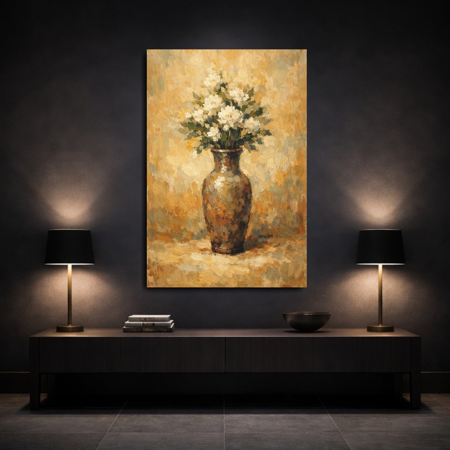 Mockup 2. Floral White Flowers White Floral Still Life shown as stretched canvas wall art