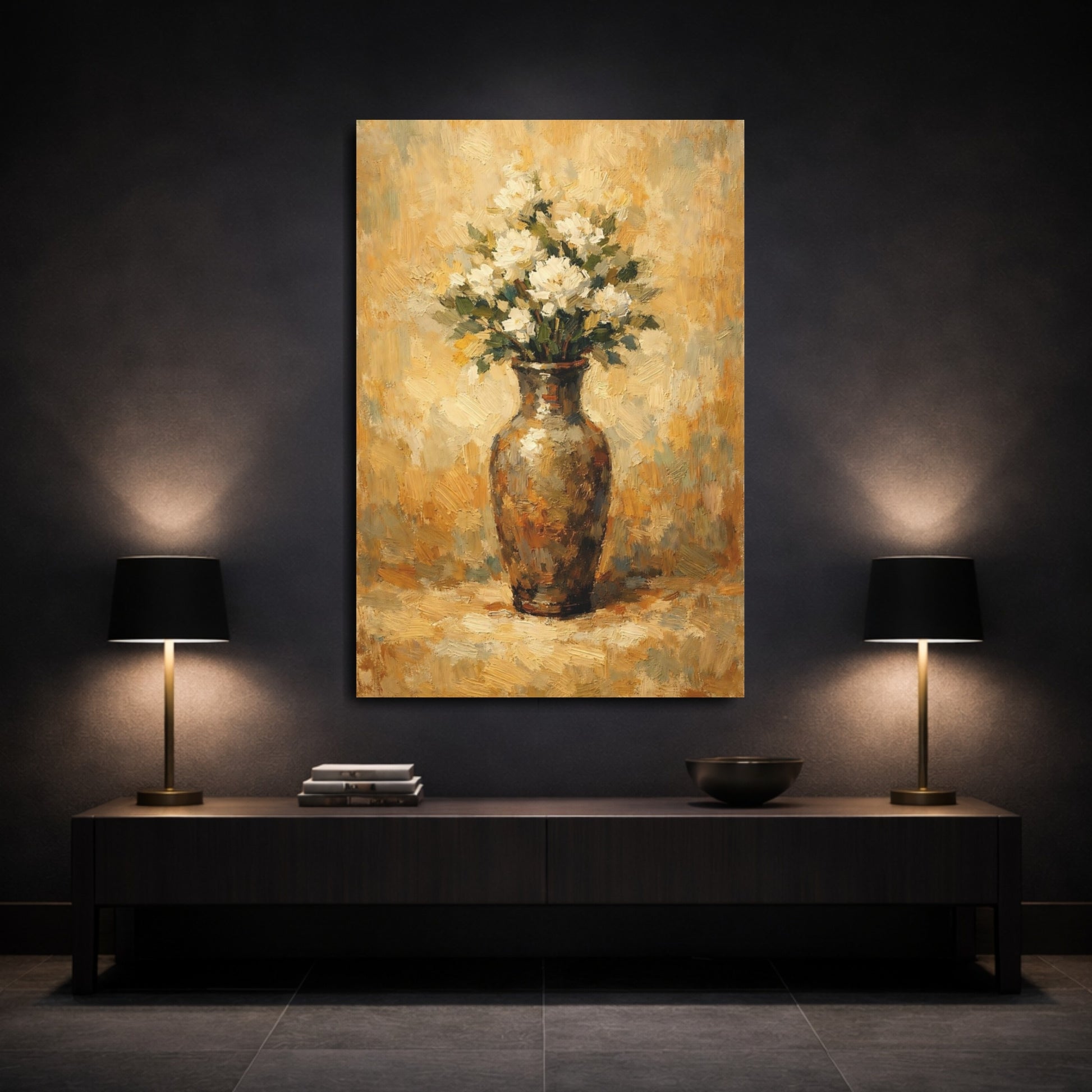 Mockup 2. Floral White Flowers White Floral Still Life shown as stretched canvas wall art