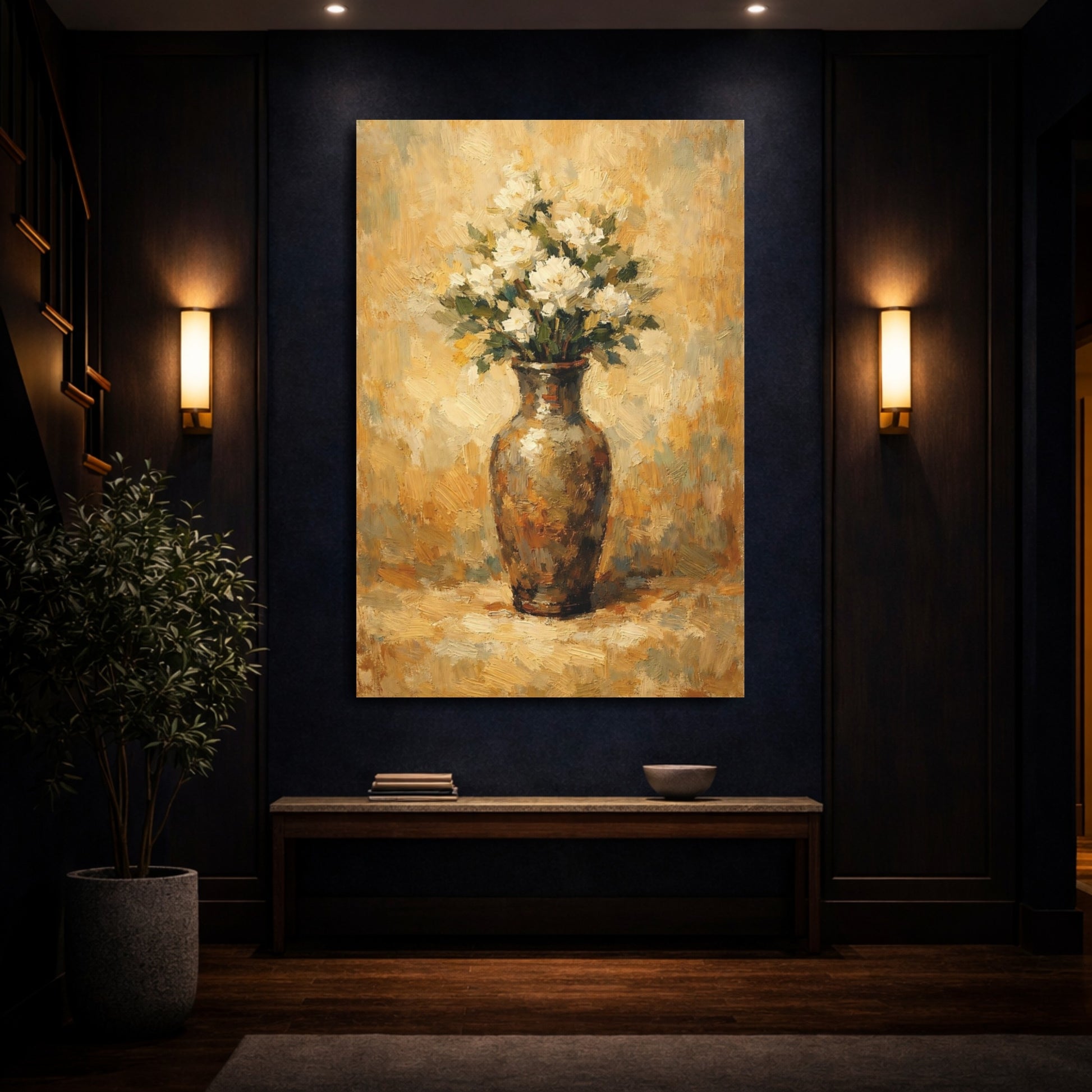 Mockup 3. Floral White Flowers White Floral Still Life shown as stretched canvas wall art
