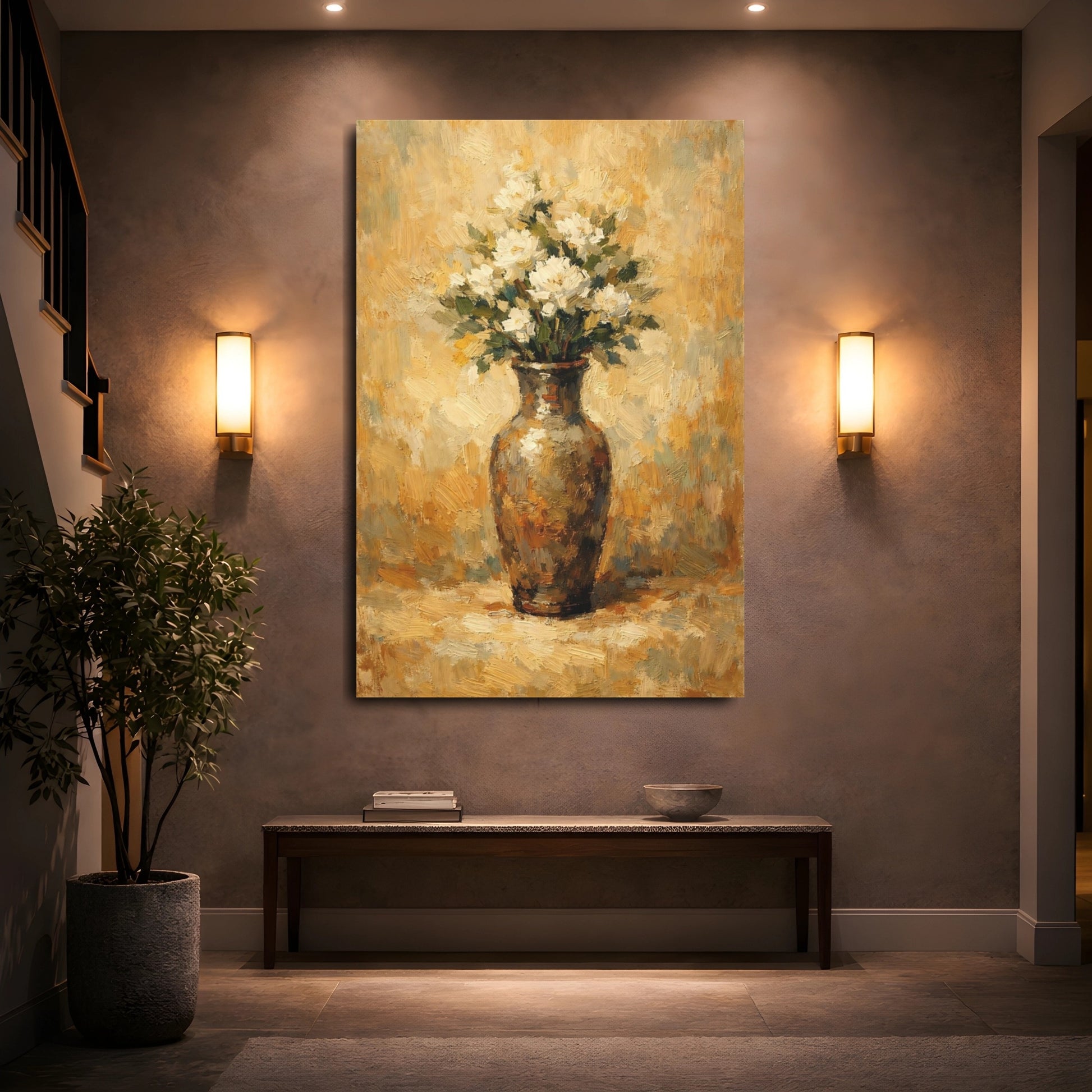 Mockup 4. Floral White Flowers White Floral Still Life shown as stretched canvas wall art