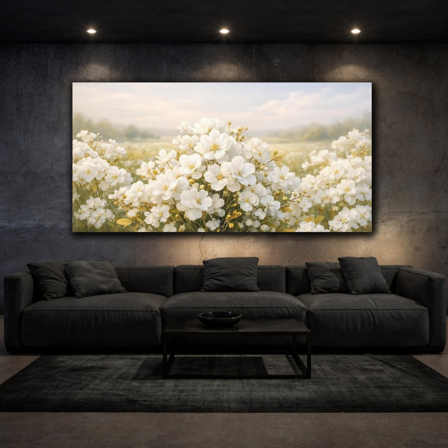 Mockup 2. Floral White Flowers White Flowers Field shown as stretched canvas wall art