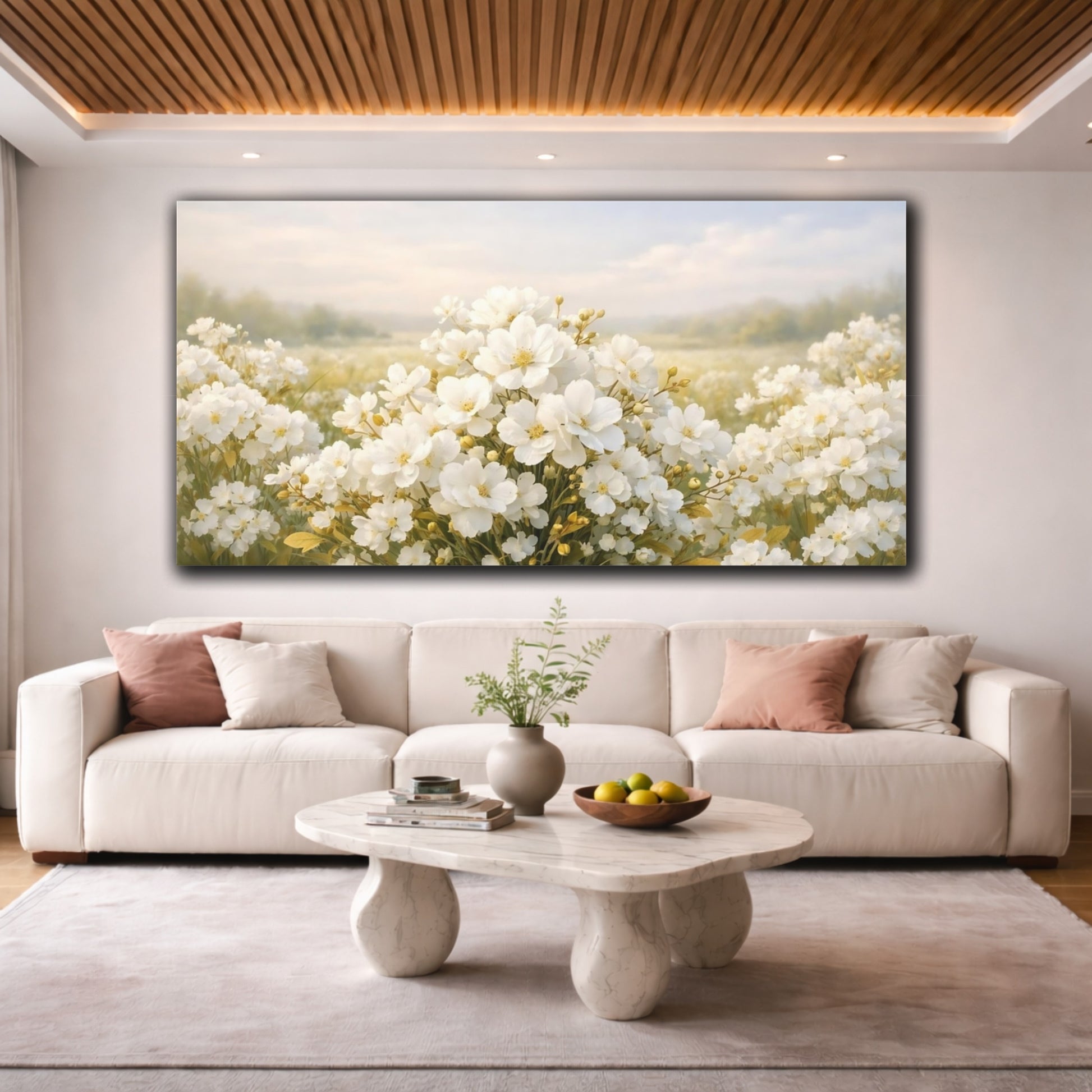 Mockup 3. Floral White Flowers White Flowers Field shown as stretched canvas wall art