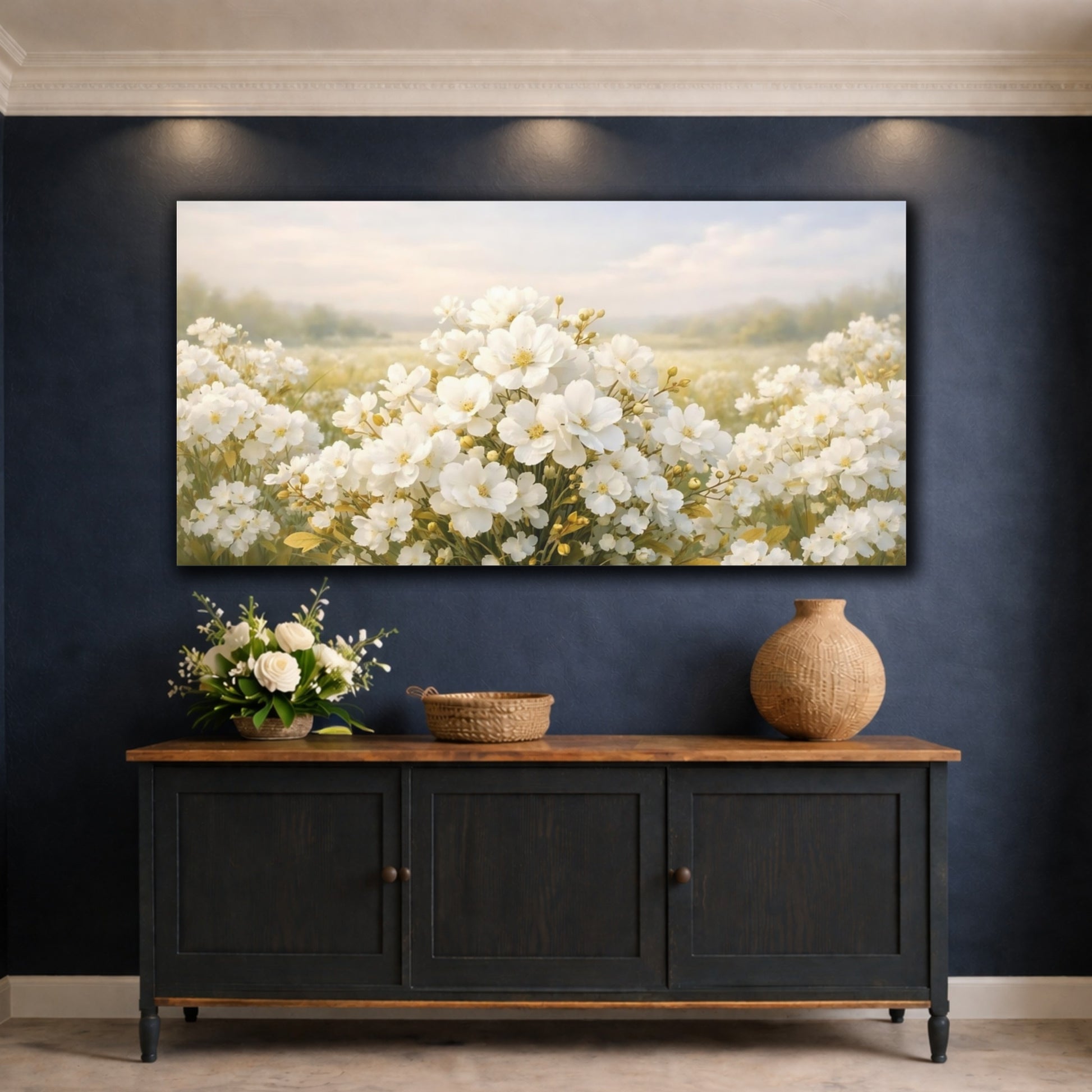 Mockup 4. Floral White Flowers White Flowers Field shown as stretched canvas wall art
