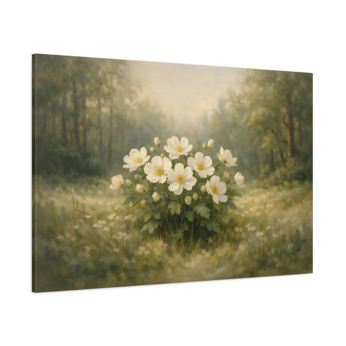 Main Mockup. Floral White Flowers White Flowers Green shown as stretched canvas wall art